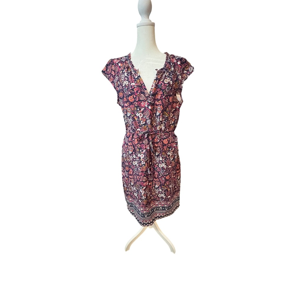 Liz Claiborne Linen Cotton Floral V-Neck Shift Dress Purple Pink Boho Medium